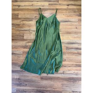 Shift Silk like Slip Midi Dress V Neck 90s Green L